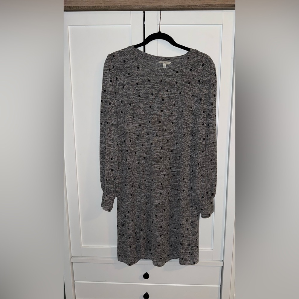 LUCKY BRAND Gray Polka Dot Dress, Size Large